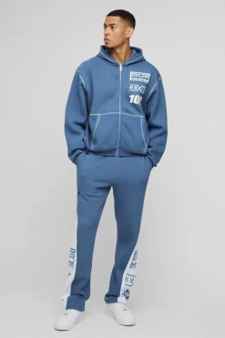 Cheap boohooMAN Oversized Boxy Moto Gusset Zip Through Hooded Tracksuit blue