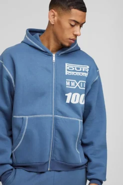 Cheap boohooMAN Oversized Boxy Moto Gusset Zip Through Hooded Tracksuit blue