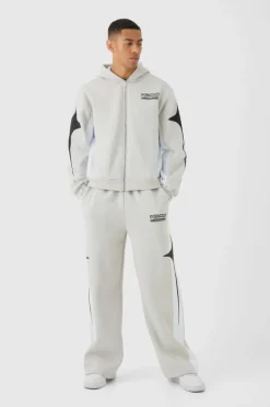 Cheap boohooMAN Oversized Boxy Moto Homme Star Panel Tracksuit grey