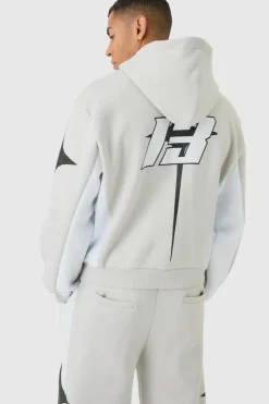 Cheap boohooMAN Oversized Boxy Moto Homme Star Panel Tracksuit grey