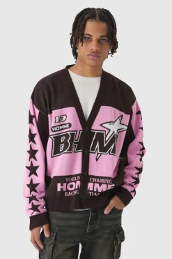 Online boohooMAN Oversized Boxy Moto Knitted Cardigan pink