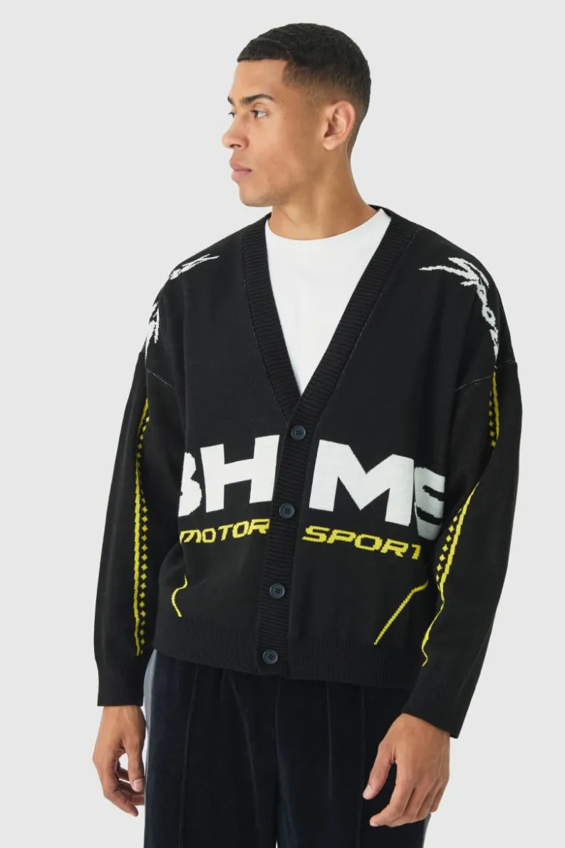 Cheap boohooMAN Oversized Boxy Moto Knitted Cardigan black