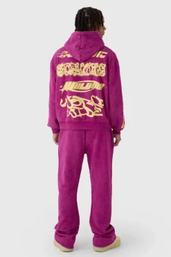 Shop boohooMAN Oversized Boxy Moto Puff Print Wash Hooded Tracksuit burgundy