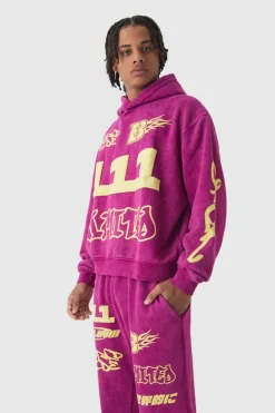 Shop boohooMAN Oversized Boxy Moto Puff Print Wash Hooded Tracksuit burgundy