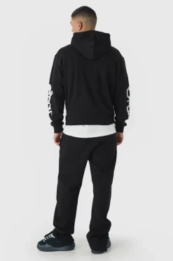Sale boohooMAN Oversized Boxy Moto Puff Print Hoodie black