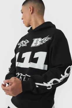 Sale boohooMAN Oversized Boxy Moto Puff Print Hoodie black