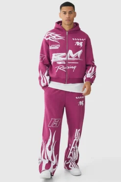 Best boohooMAN Oversized Boxy Moto Racing Flame Hoodie and Wide Leg Jogger Tracksuit burgundy