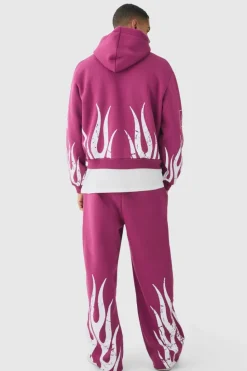 Best boohooMAN Oversized Boxy Moto Racing Flame Hoodie and Wide Leg Jogger Tracksuit burgundy