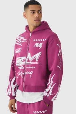 Best boohooMAN Oversized Boxy Moto Racing Flame Hoodie and Wide Leg Jogger Tracksuit burgundy