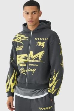 Flash Sale boohooMAN Oversized Boxy Moto Racing Flame Zip Through Hoodie charcoal