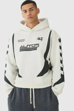 Cheap boohooMAN Oversized Boxy Moto Racing Hoodie white
