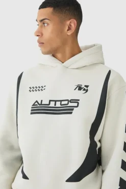 Cheap boohooMAN Oversized Boxy Moto Racing Hoodie white