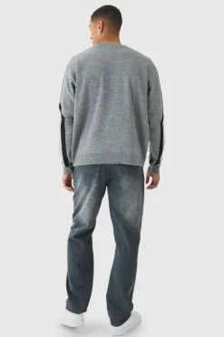 Hot boohooMAN Oversized Boxy Moto Racing Knitted Jumper grey