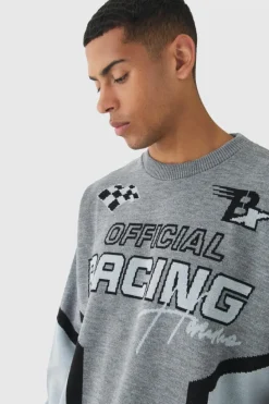 Hot boohooMAN Oversized Boxy Moto Racing Knitted Jumper grey