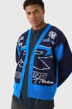 Discount boohooMAN Oversized Boxy Moto Racing Knitted Cardigan cobalt