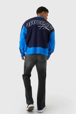 Discount boohooMAN Oversized Boxy Moto Racing Knitted Cardigan cobalt