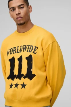 New boohooMAN Oversized Boxy Moto Raw Edge Applique Sweatshirt yellow