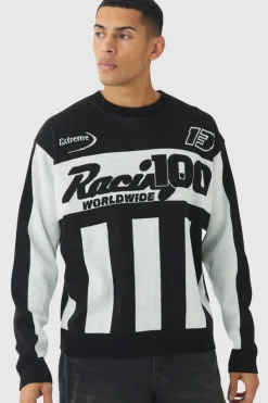 Cheap boohooMAN Oversized Boxy Moto Stripe Knitted Jumper black