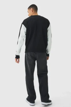Cheap boohooMAN Oversized Boxy Moto Stripe Knitted Jumper black