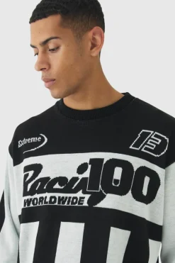 Cheap boohooMAN Oversized Boxy Moto Stripe Knitted Jumper black