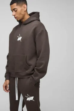 Cheap boohooMAN Oversized Boxy M Star Extended Drawcord Hooded Tracksuit chocolate