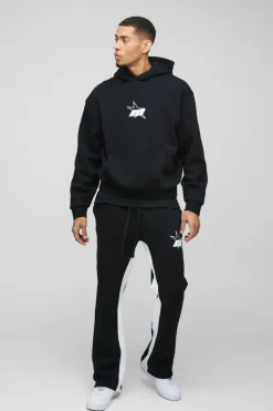 Clearance boohooMAN Oversized Boxy M Star Extended Drawcord Hooded Tracksuit black
