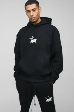 Clearance boohooMAN Oversized Boxy M Star Extended Drawcord Hooded Tracksuit black