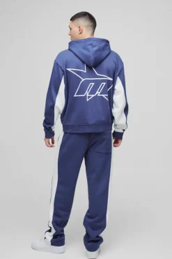 Flash Sale boohooMAN Oversized Boxy M Star Panelled Zip Through Hoodie navy