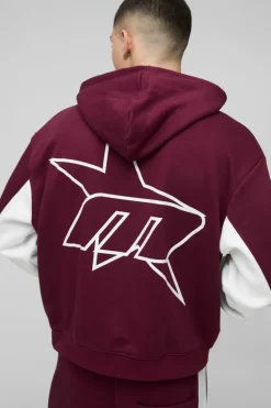 New boohooMAN Oversized Boxy M Star Panelled Zip Through Hoodie burgundy