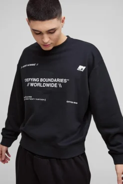 New boohooMAN Oversized Boxy Multi Branded Print Sweatshirt black