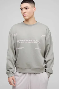 Best Sale boohooMAN Oversized Boxy Multi Branded Print Sweatshirt charcoal