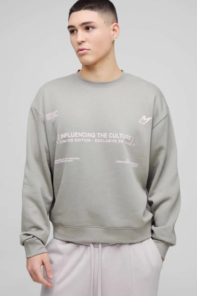 Best Sale boohooMAN Oversized Boxy Multi Branded Print Sweatshirt charcoal