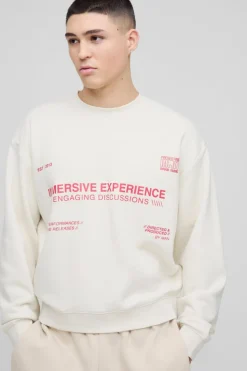 Best Sale boohooMAN Oversized Boxy Multi Branded Print Sweatshirt ecru