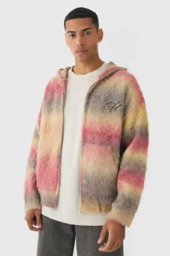 New boohooMAN Oversized Boxy OFCL Brushed Ombre Stripe Knitted Zip Through Hoodie red