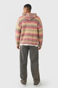 New boohooMAN Oversized Boxy OFCL Brushed Ombre Stripe Knitted Zip Through Hoodie red