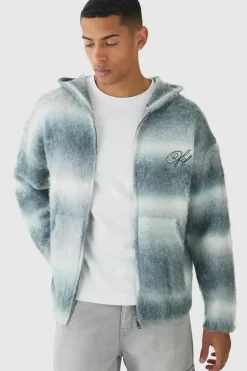 Outlet boohooMAN Oversized Boxy OFCL Brushed Ombre Stripe Knitted Zip Through Embroidered Hoodie light grey