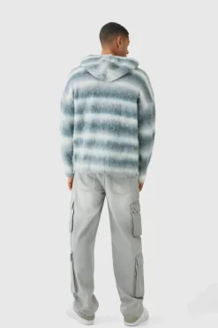 Outlet boohooMAN Oversized Boxy OFCL Brushed Ombre Stripe Knitted Zip Through Embroidered Hoodie light grey