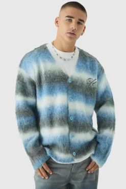 Cheap boohooMAN Oversized Boxy OFCL Brushed Ombre Stripe Knitted Embroidered Cardigan light blue