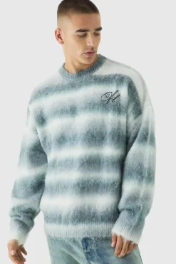 Online boohooMAN Oversized Boxy OFCL Brushed Ombre Stripe Knitted Embroidered Jumper light grey