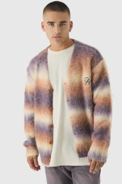 Best Sale boohooMAN Oversized Boxy OFCL Brushed Ombre Stripe Knitted Embroidered Cardigan maroon