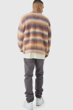 Best Sale boohooMAN Oversized Boxy OFCL Brushed Ombre Stripe Knitted Embroidered Cardigan maroon