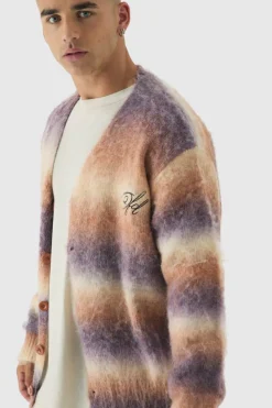 Best Sale boohooMAN Oversized Boxy OFCL Brushed Ombre Stripe Knitted Embroidered Cardigan maroon