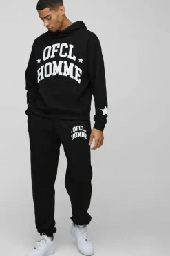 Hot boohooMAN Oversized Boxy Ofcl Star Puff Print Hooded Tracksuit black