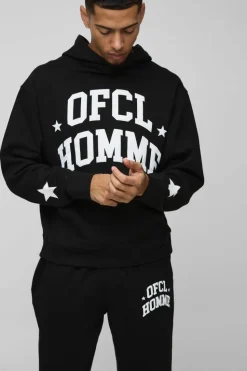 Hot boohooMAN Oversized Boxy Ofcl Star Puff Print Hooded Tracksuit black