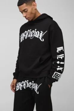 Hot boohooMAN Oversized Boxy Official Crotch Print Hooded Tracksuit black