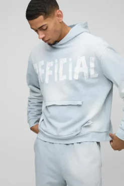 Fashion boohooMAN Oversized Boxy Official Distressed Pocket Hoodie light grey