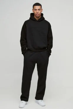 Fashion boohooMAN Oversized Boxy Official Embossed Colour Block Hooded Tracksuit black