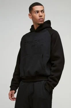 Fashion boohooMAN Oversized Boxy Official Embossed Colour Block Hooded Tracksuit black