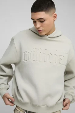 Cheap boohooMAN Oversized Boxy Official Embossed Hoodie stone