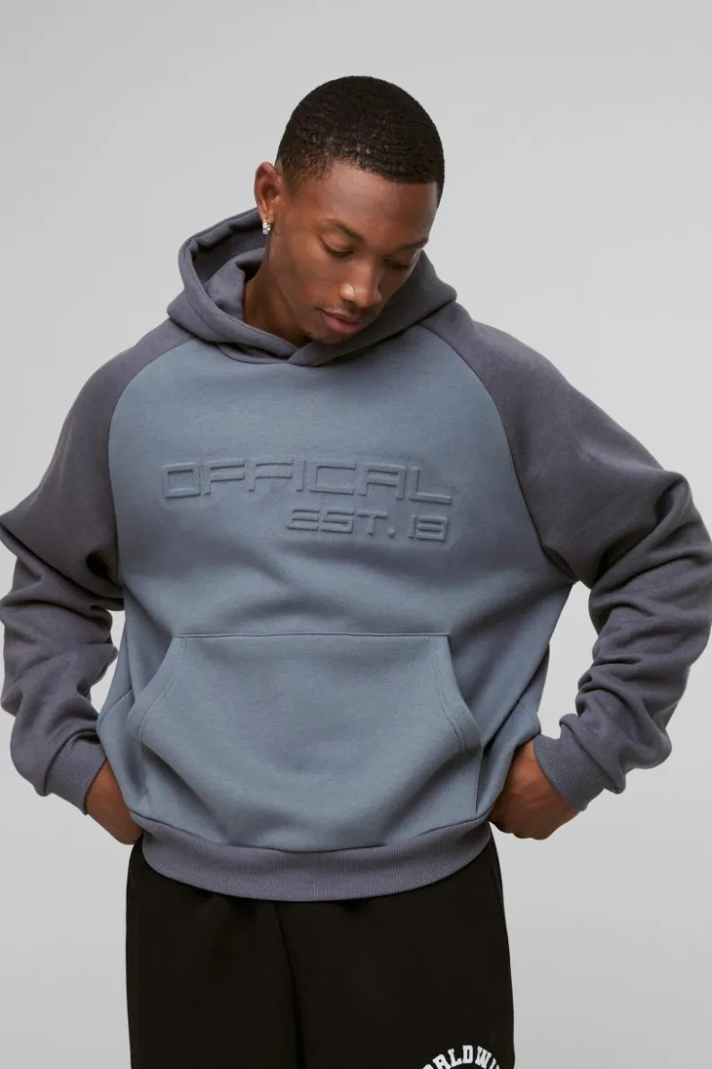 Outlet boohooMAN Oversized Boxy Official Embossed Colour Block Hoodie charcoal